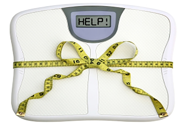 Image Bathroom scale with measuring tape wrapped around it displaying “HELP!” message, concept of weight loss struggle and dieting frustration